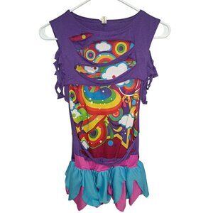 Girls XL (14/16) Purple Cut Out Back Rainbow Print Dress with Ruffle Hem